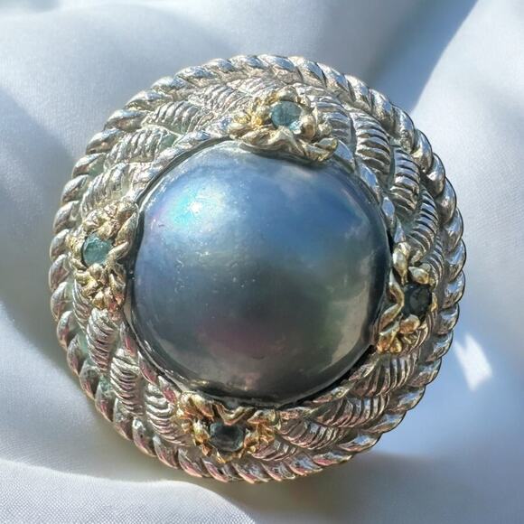 Judith Ripka 18K Gold and 925 Silver Gray Pearl and Aquamarine Cocktail Ring - Picture 10 of 13